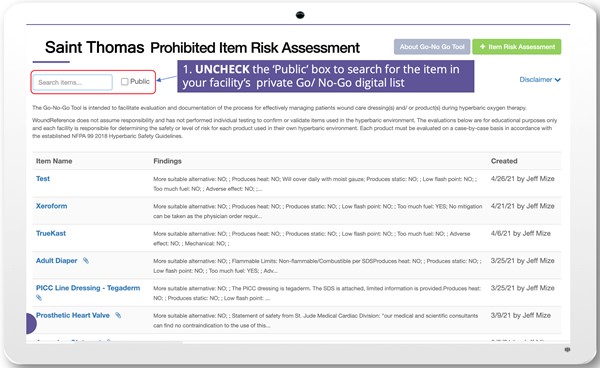Uncheck the 'public' check box to see your facility private Go/ No-Go digital list