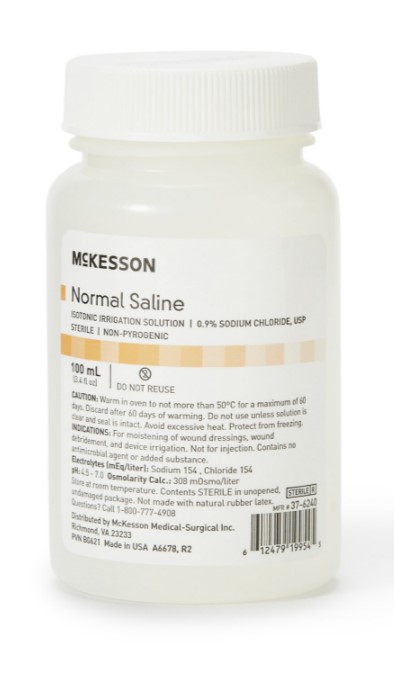 McKesson Normal Saline, Irrigation Solution, 0.9% Sodium Chloride, Not for Injection Bottle, Screw Top 100 ml, case of 48