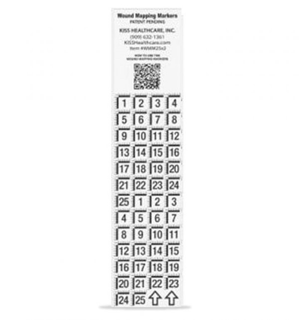 KISS Wound Mapping Marker 6.4cmx26.7cm. Shrink-wrapped 100 per unit or sold individually. Numbers 1-50 or 51-100